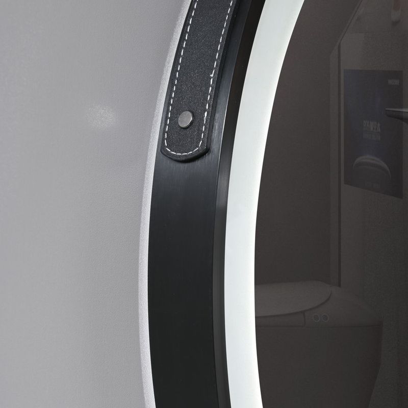 Casa si Gradina - Mobilier - Mobilier baie - Oglinzi baie - Oglinda rotunda cu led si buton touch, cu rama neagra din aluminiu, chinga din piele ecologica, diametru 60cm - Infinity.ro
