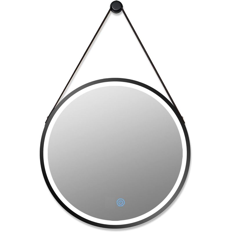 Casa si Gradina - Mobilier - Mobilier baie - Oglinzi baie - Oglinda rotunda cu led si buton touch, cu rama neagra din aluminiu, chinga din piele ecologica, diametru 60cm - Infinity.ro