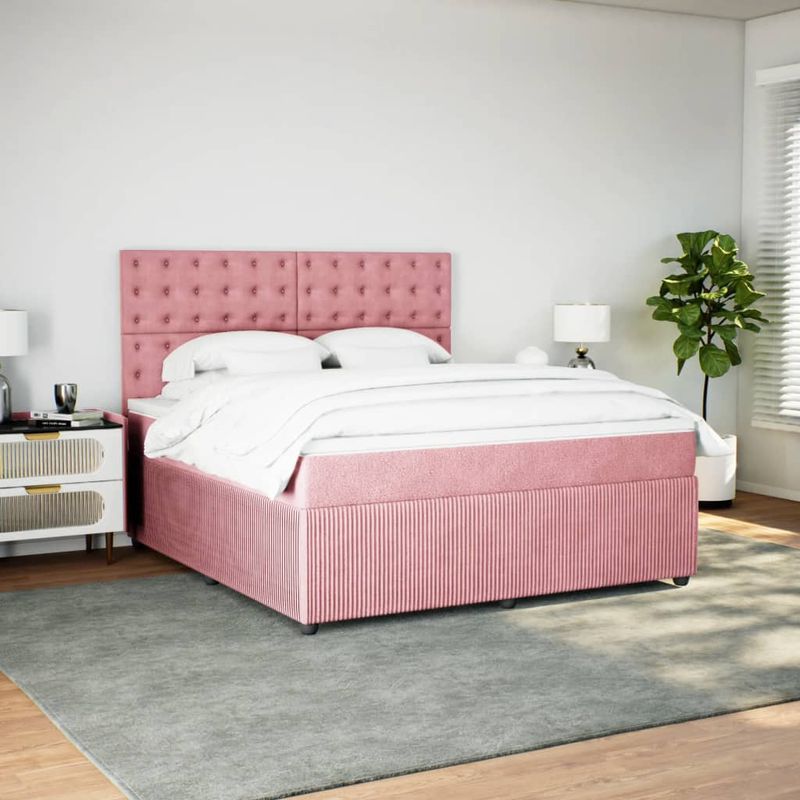 Casa si Gradina - Mobilier - Paturi si accesorii - Paturi - Pat box spring cu saltea, roz, 180x200 cm, catifea - Infinity.ro