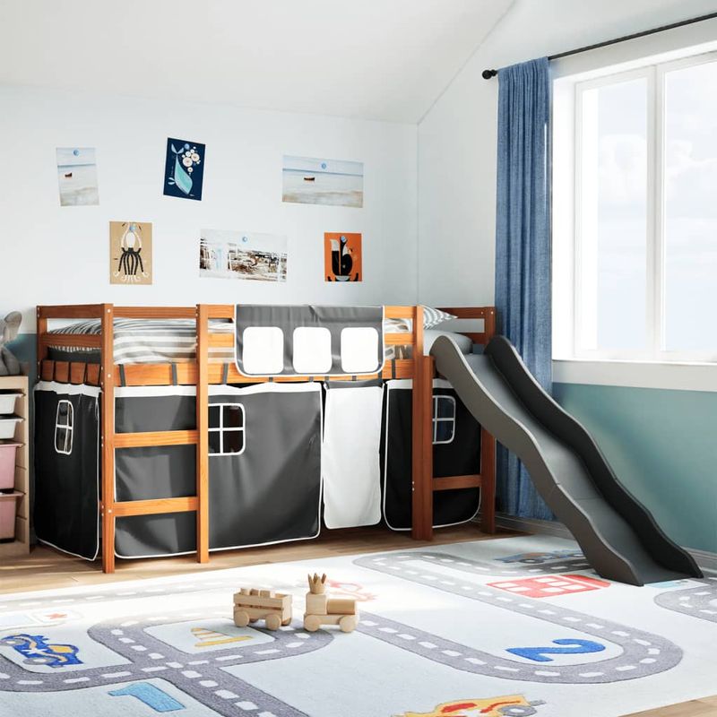 Casa si Gradina - Mobilier - Paturi si accesorii - Paturi - Pat etajat de copii perdele, alb/negru 90x200 cm lemn masiv pin - Infinity.ro