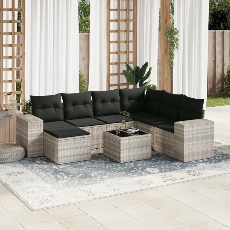Casa si Gradina - Gradina si terasa - Mobilier exterior - Seturi mobila gradina - Set mobilier de gradina cu perne, 8 piese gri deschis poliratan - Infinity.ro