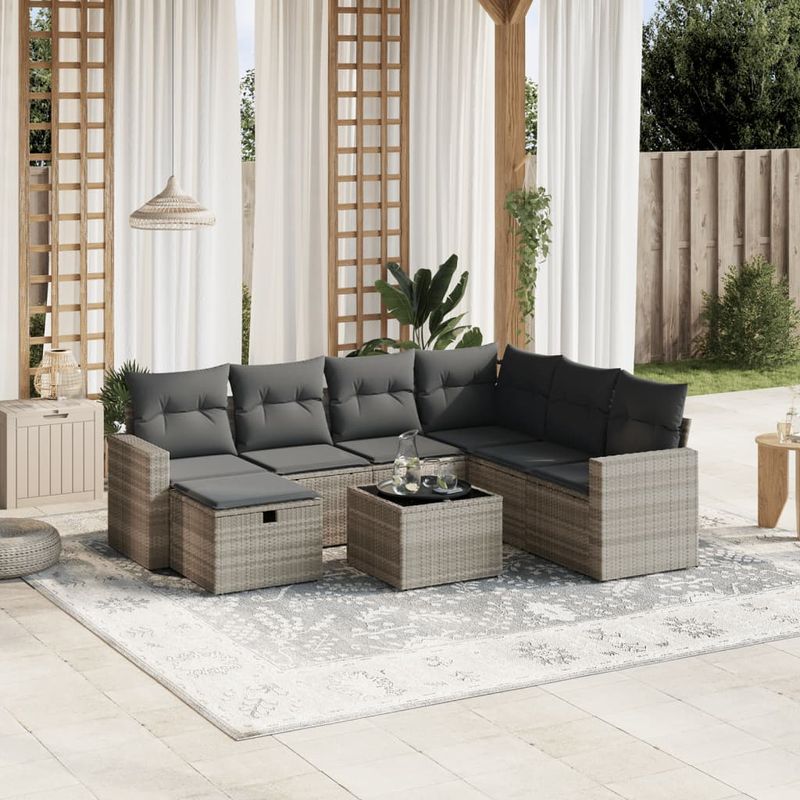 Casa si Gradina - Gradina si terasa - Mobilier exterior - Seturi mobila gradina - Set mobilier de gradina cu perne, 8 piese gri deschis poliratan - Infinity.ro