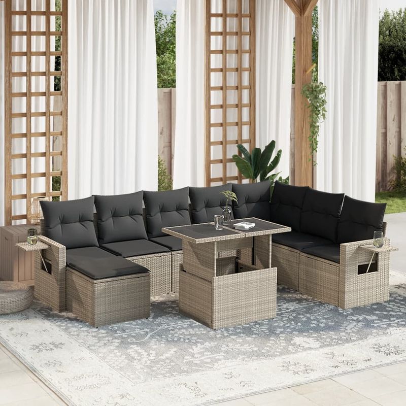 Casa si Gradina - Gradina si terasa - Mobilier exterior - Seturi mobila gradina - Set canapele de gradina cu perne, 9 piese gri deschis poliratan - Infinity.ro