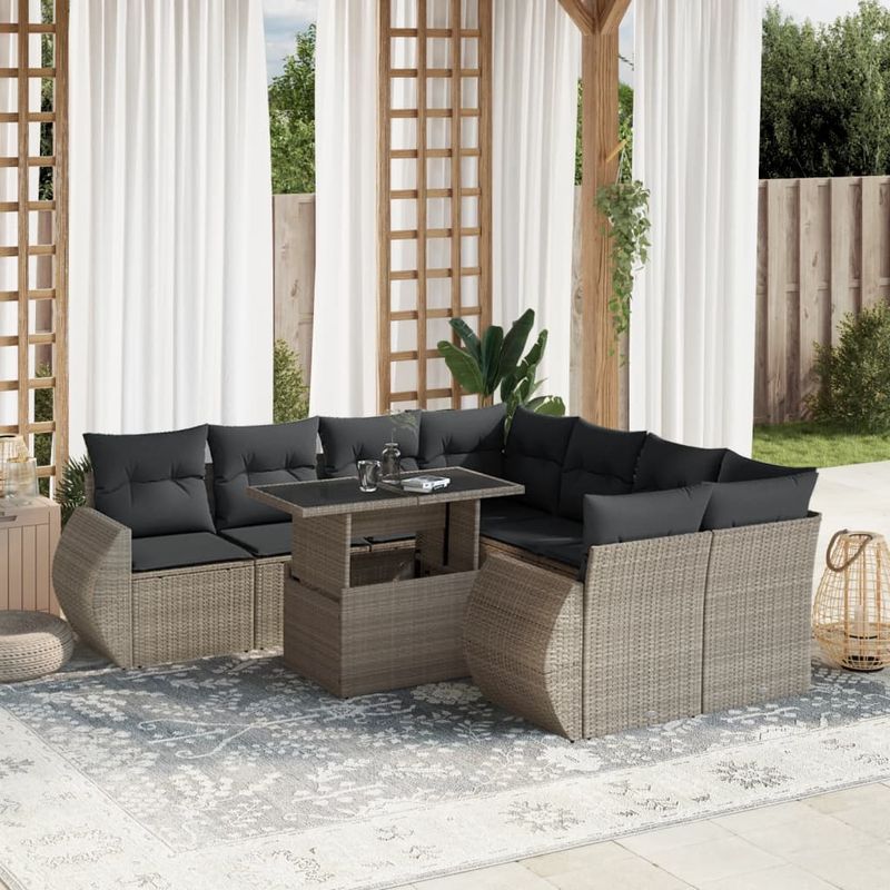 Casa si Gradina - Gradina si terasa - Mobilier exterior - Seturi mobila gradina - Set canapele de gradina cu perne, 9 piese gri deschis poliratan - Infinity.ro