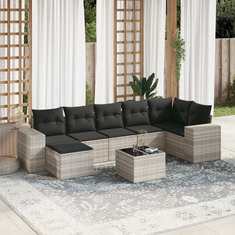 Casa si Gradina - Gradina si terasa - Mobilier exterior - Seturi mobila gradina - Set mobilier de gradina cu perne, 8 piese gri deschis poliratan - Infinity.ro