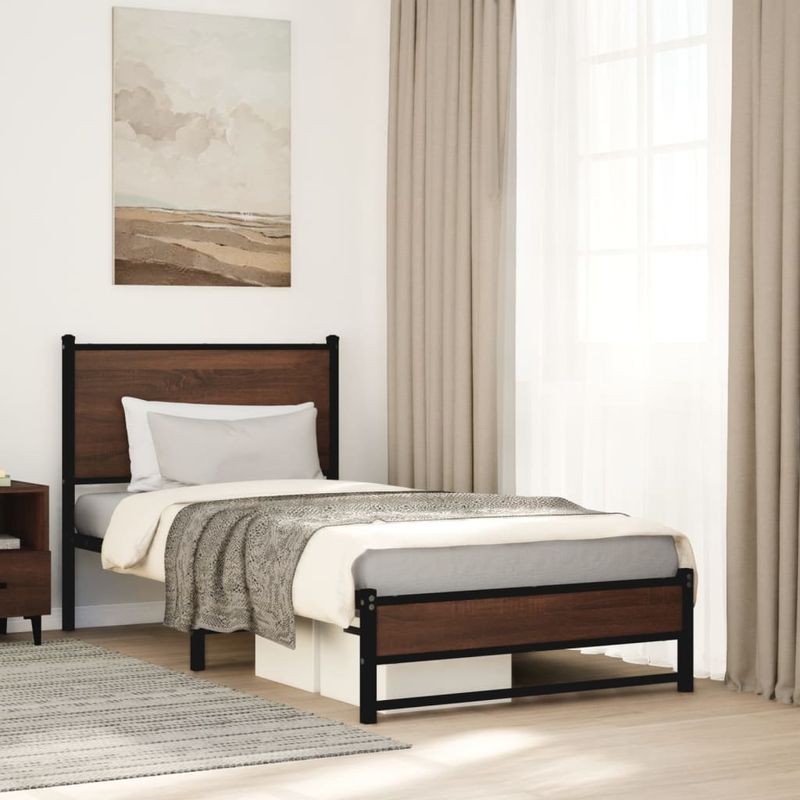 Casa si Gradina - Mobilier - Paturi si accesorii - Paturi - Cadru pat metalic cu tablie, stejar maro, 90x200 cm, model cu tăblie de cap și tăblie de picioare joasă dublă - Infinity.ro