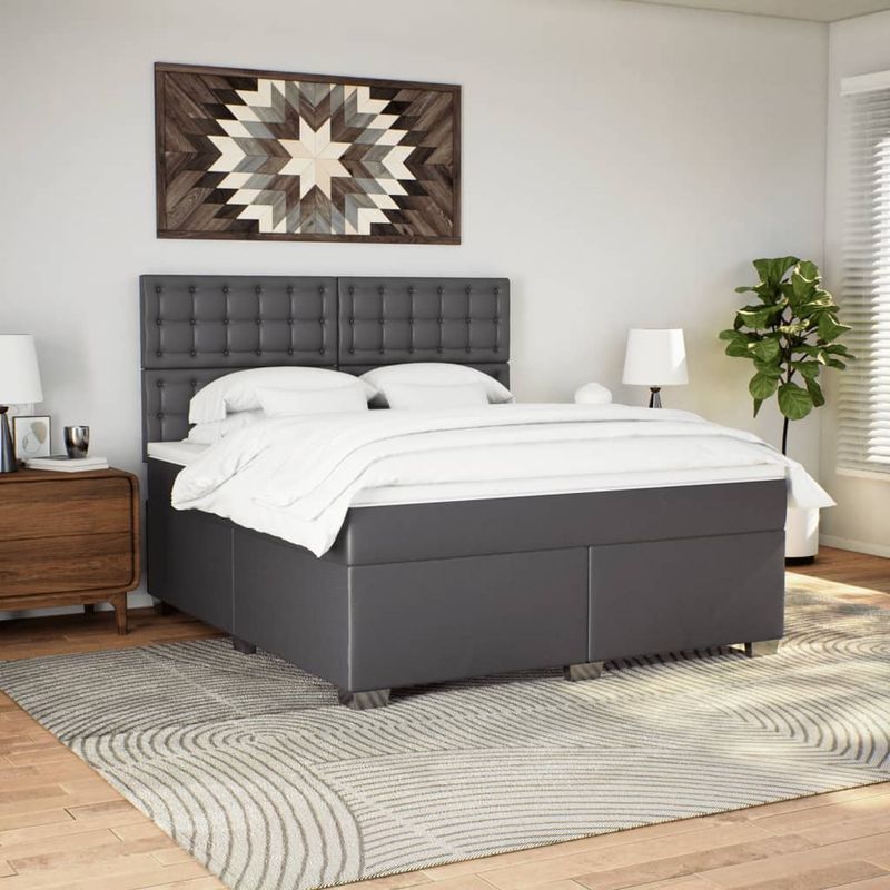 Casa si Gradina - Mobilier - Paturi si accesorii - Paturi - Pat box spring cu saltea, gri, 180x200 cm, piele ecologica - Infinity.ro
