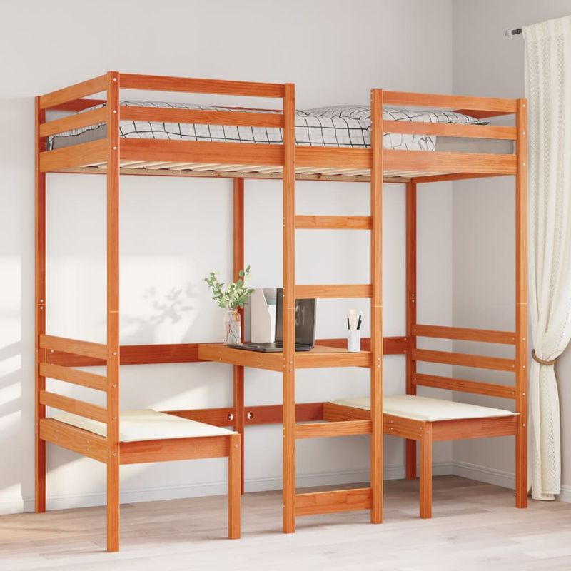 Casa si Gradina - Mobilier - Paturi si accesorii - Paturi - Cadru pat etajat birou/scaune, maro, 80x200 cm, lemn masiv pin - Infinity.ro
