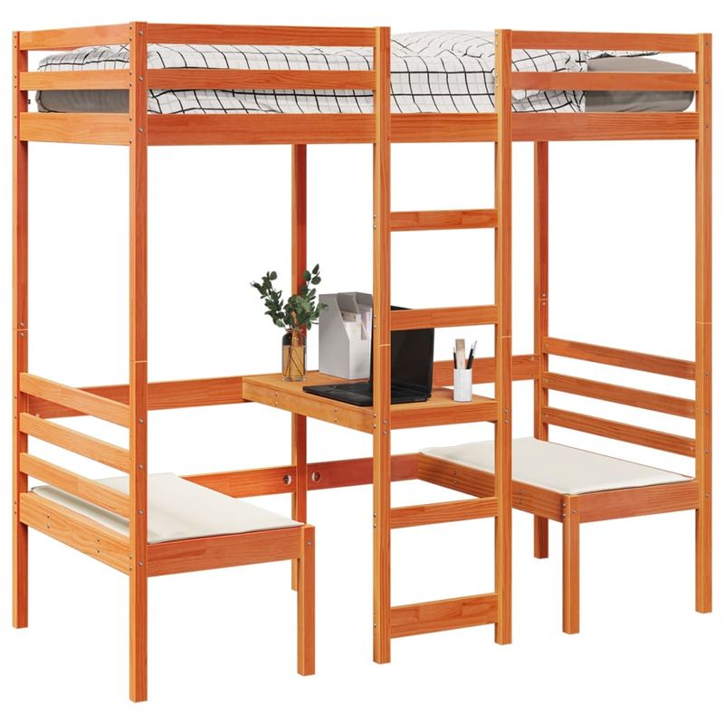Casa si Gradina - Mobilier - Paturi si accesorii - Paturi - Cadru pat etajat birou/scaune, maro, 80x200 cm, lemn masiv pin - Infinity.ro