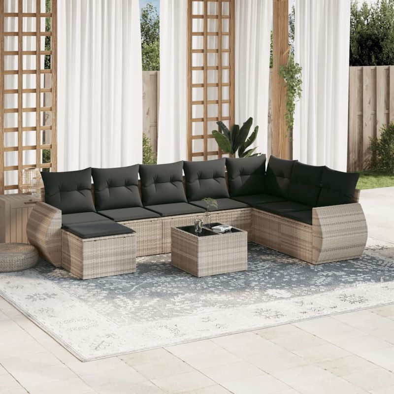 Casa si Gradina - Gradina si terasa - Mobilier exterior - Canapele si fotolii gradina - Set canapele de gradina cu perne, 9 piese gri deschis poliratan - Infinity.ro