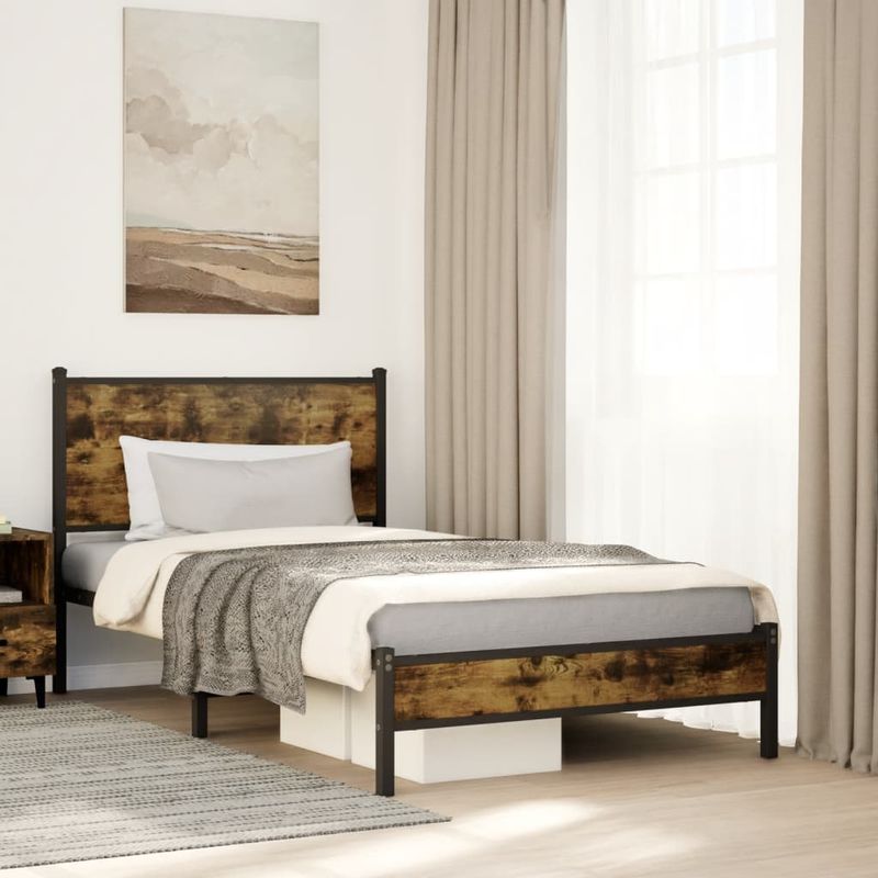 Casa si Gradina - Mobilier - Paturi si accesorii - Paturi - Cadru de pat metalic fara saltea, stejar fumuriu, 107x203 cm - Infinity.ro