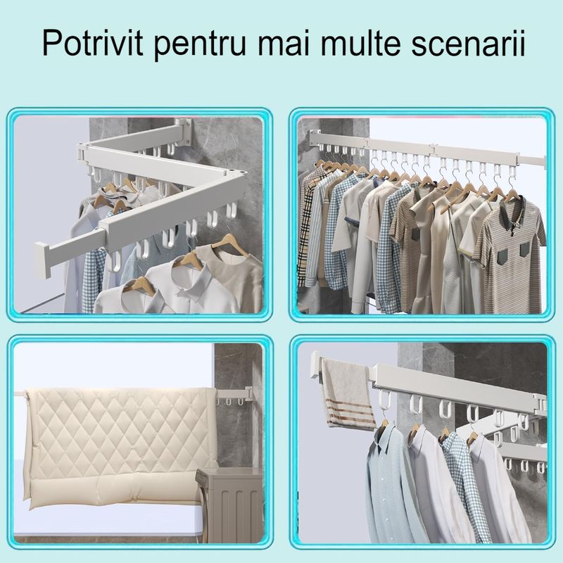 Casa si Gradina - Mobilier - Organizare si depozitare - Cuiere - Suport de uscare montat pe perete Helper 114cm, retractabil cu carlige, usor de instalat, capacitate mare - Infinity.ro