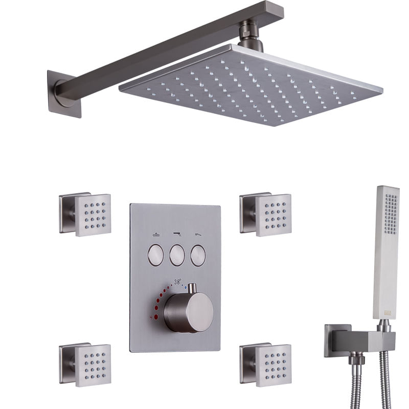 Casa si Gradina - Sanitare - Cazi si cabine de dus - Coloane si seturi de dus - Set de Dus Termostatic Starbath  002TP-28X18B-4NF cu Functie de Masaj si Cap de Dus, LED - Sistem Complet 4 Piese, silve - Infinity.ro