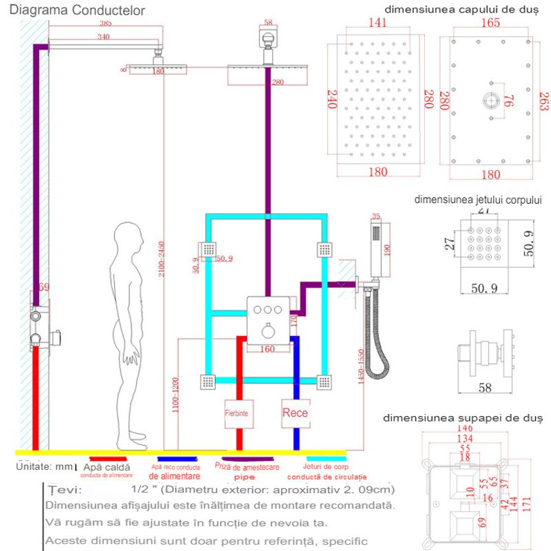 Casa si Gradina - Sanitare - Cazi si cabine de dus - Coloane si seturi de dus - Set de Dus Termostatic Starbath  002TP-28X18B-4NF cu Functie de Masaj si Cap de Dus, LED - Sistem Complet 4 Piese, silver - Infinity.ro