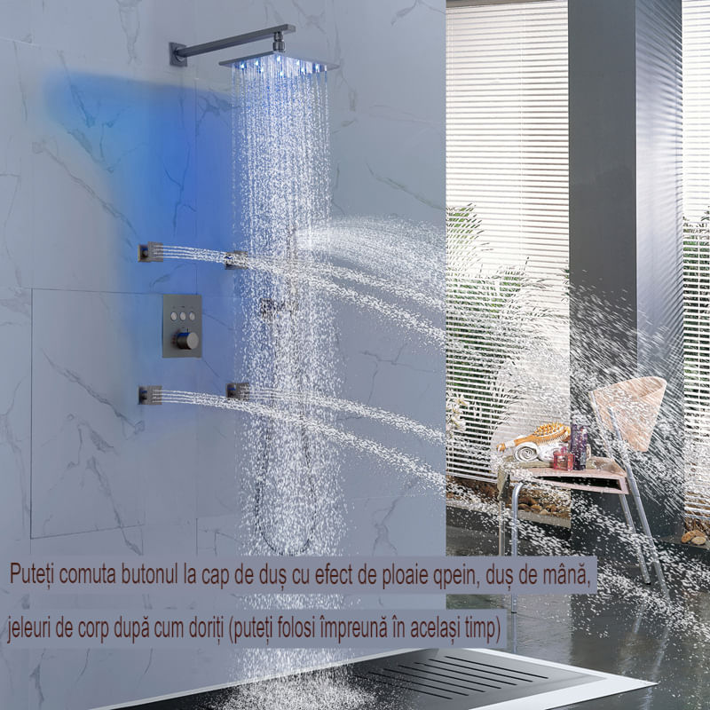 Casa si Gradina - Sanitare - Cazi si cabine de dus - Coloane si seturi de dus - Set de Dus Termostatic Starbath  002TP-28X18B-4NF cu Functie de Masaj si Cap de Dus, LED - Sistem Complet 4 Piese, silver - Infinity.ro
