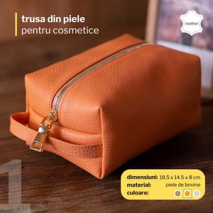 Trusa pentru cosmetice din piele, cu fermoar si maner de prindere, eleganta, utila pentru calatorie/voiaj, Portocalie