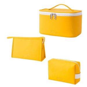Set 3 x genti organizare cosmetice pentru calatorie sau voiaj, 3 forme diferite, din PU, rezistente la apa, Galben
