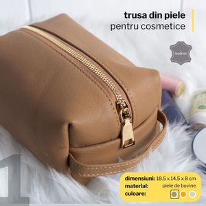 Trusa pentru cosmetice din piele, cu fermoar si maner de prindere, eleganta, utila pentru calatorie/voiaj, Maro