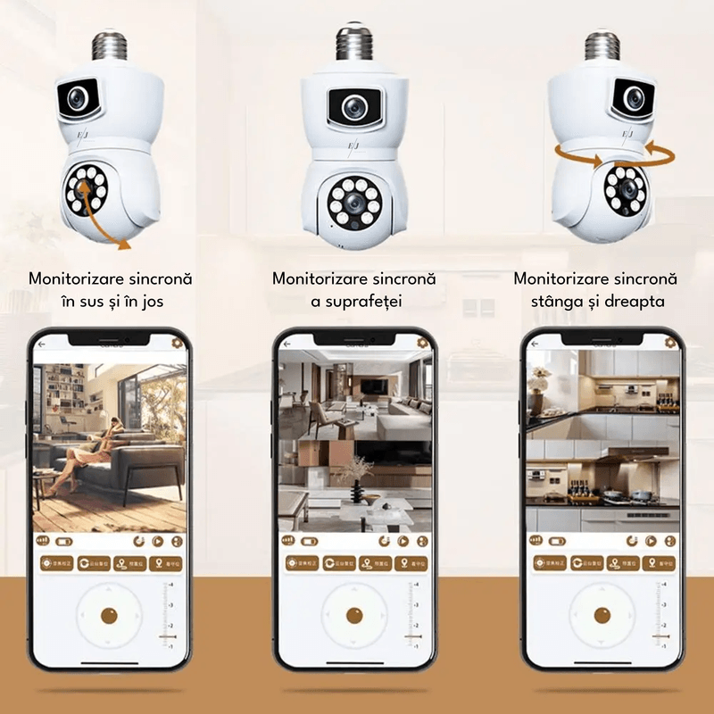 Laptop, Telefoane si Tablete - Wearables si gadgeturi - Gadgeturi - Dispozitive spionaj - Camera de supraveghere dubla tip bec, WIFI, E9, 4MP, 360° panoramic, 1080P,detectare a miscarii, alarma, vedere nocturna - Infinity.ro