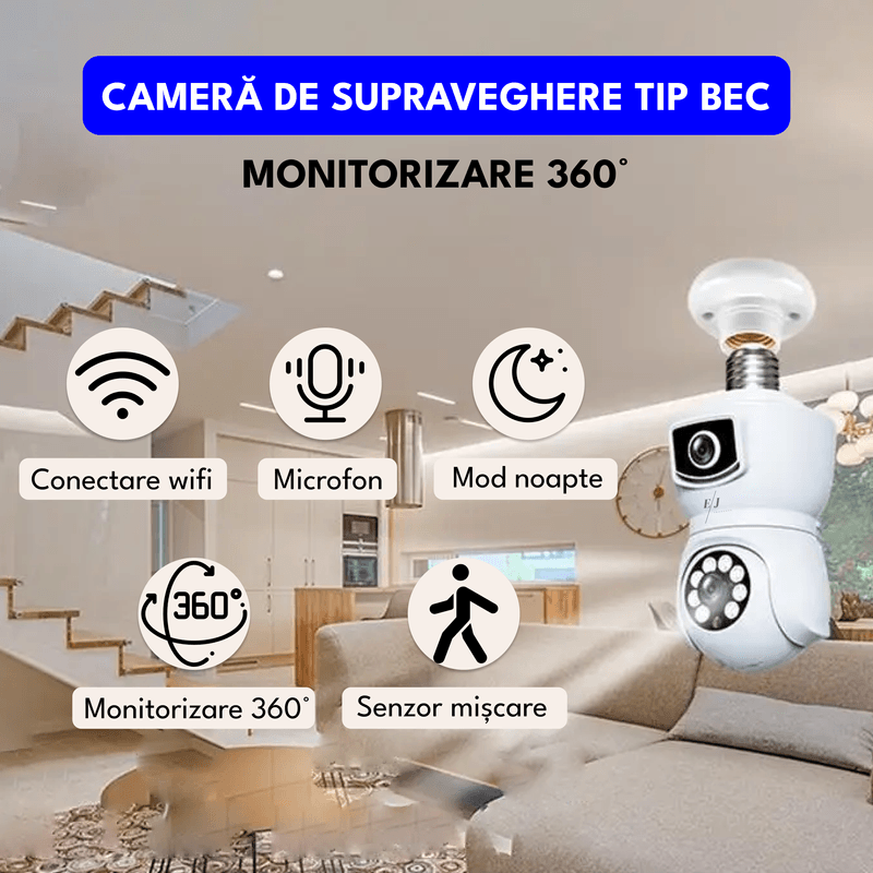 Laptop, Telefoane si Tablete - Wearables si gadgeturi - Gadgeturi - Dispozitive spionaj - Camera de supraveghere dubla tip bec, WIFI, E9, 4MP, 360° panoramic, 1080P,detectare a miscarii, alarma, vedere nocturna - Infinity.ro