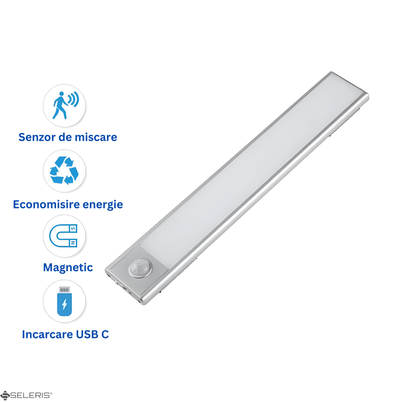 Casa si Gradina - Corpuri si surse de iluminat - Veioze si lampi - Lampi de veghe - Lampa LED Reincarcabila, Senzor Miscare, SELERIS®, 9mm, Oprit/Pornit/Auto, USB-C, Magnetic, Cald 3.000K, 600 mAh, 20 cm - Infinity.ro