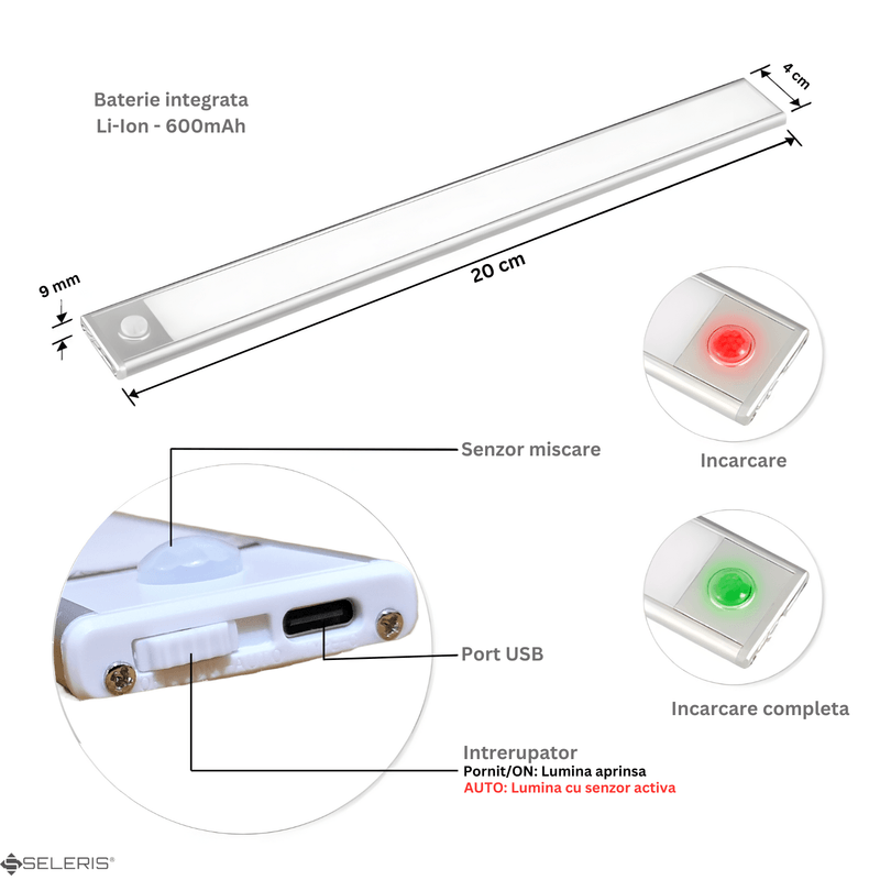 Casa si Gradina - Corpuri si surse de iluminat - Veioze si lampi - Lampi de veghe - Lampa LED Reincarcabila, Senzor Miscare, SELERIS®, 9mm, Oprit/Pornit/Auto, USB-C, Magnetic, Cald 3.000K, 600 mAh, 20 cm - Infinity.ro