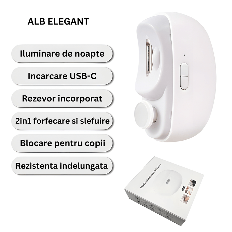 Ingrijire personala si Cosmetice - Manichiura si pedichiura - Unghiere si clesti manichiura & pedichiura - Unghiera electrica 2 in 1, SELERIS®, Lama Curbata, Pila Rotativa 360, Led, Compartiment Resturi, Portabila, USB-C, Alb - Infinity.ro