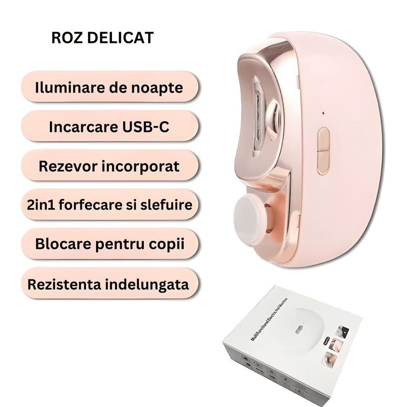 Ingrijire personala si Cosmetice - Manichiura si pedichiura - Unghiere si clesti manichiura & pedichiura - Unghiera electrica 2 in 1, SELERIS®, Lama Curbata, Pila Rotativa 360, Led, Compartiment Resturi, Portabila, USB-C, Roz - Infinity.ro