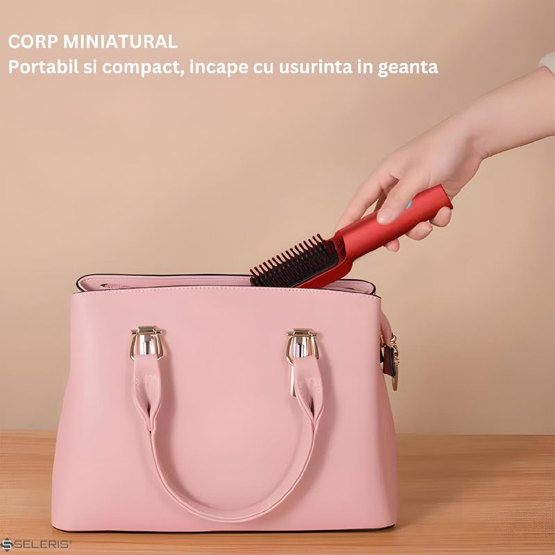 Ingrijire personala si Cosmetice - Aparate & accesorii ingrijire personala - Hair styling - Perii de par electrice - Perie Electrica Wireless Fara Fir, SELERIS®, 160 / 170 / 190° C, 2600 mAh, USB-C, Portabila, Umed si Uscat, Rosu - Infinity.ro