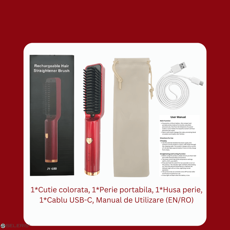 Ingrijire personala si Cosmetice - Aparate & accesorii ingrijire personala - Hair styling - Perii de par electrice - Perie Electrica Wireless Fara Fir, SELERIS®, 160 / 170 / 190° C, 2600 mAh, USB-C, Portabila, Umed si Uscat, Rosu - Infinity.ro