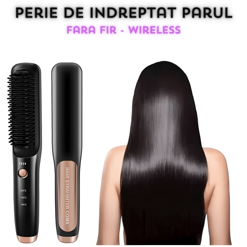 Ingrijire personala si Cosmetice - Aparate & accesorii ingrijire personala - Hair styling - Perii de par electrice - Perie Electrica  2 in 1 Fara Fir, SELERIS®, Indreptare, 160 / 180 / 200° C, PTC, Ionizare, Portabila, USB-C, Negru Auriu - Infinity.ro