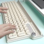 PC, gaming si accesorii - Periferice PC - Tastaturi - Set Tastatura si Mouse Wireless 2.4 GHz, Design Retro, SELERIS ®, Suport Telefon/Tableta, Wireless, 102 Taste, Crem/Gri - Infinity.ro