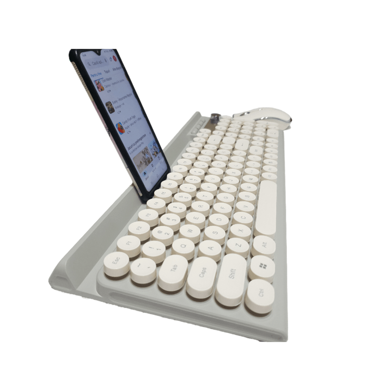 PC, gaming si accesorii - Periferice PC - Tastaturi - Set Tastatura si Mouse Wireless 2.4 GHz, Design Retro, SELERIS ®, Suport Telefon/Tableta, Wireless, 102 Taste, Crem/Gri - Infinity.ro