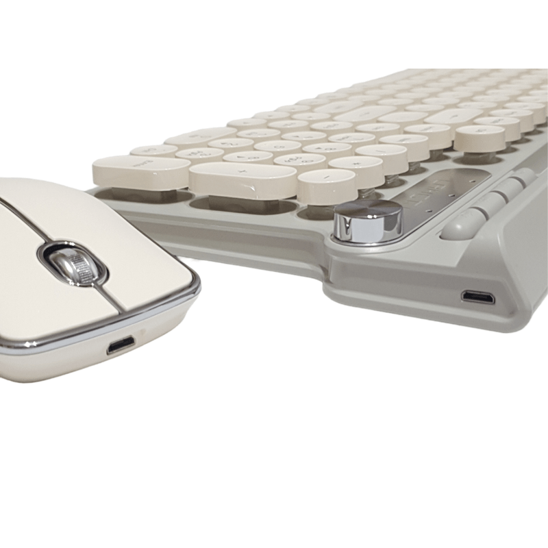 PC, gaming si accesorii - Periferice PC - Tastaturi - Set Tastatura si Mouse Wireless 2.4 GHz, Design Retro, SELERIS ®, Suport Telefon/Tableta, Wireless, 102 Taste, Crem/Gri - Infinity.ro