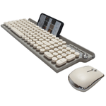 PC, gaming si accesorii - Periferice PC - Tastaturi - Set Tastatura si Mouse Wireless 2.4 GHz, Design Retro, SELERIS ®, Suport Telefon/Tableta, Wireless, 102 Taste, Crem/Gri - Infinity.ro