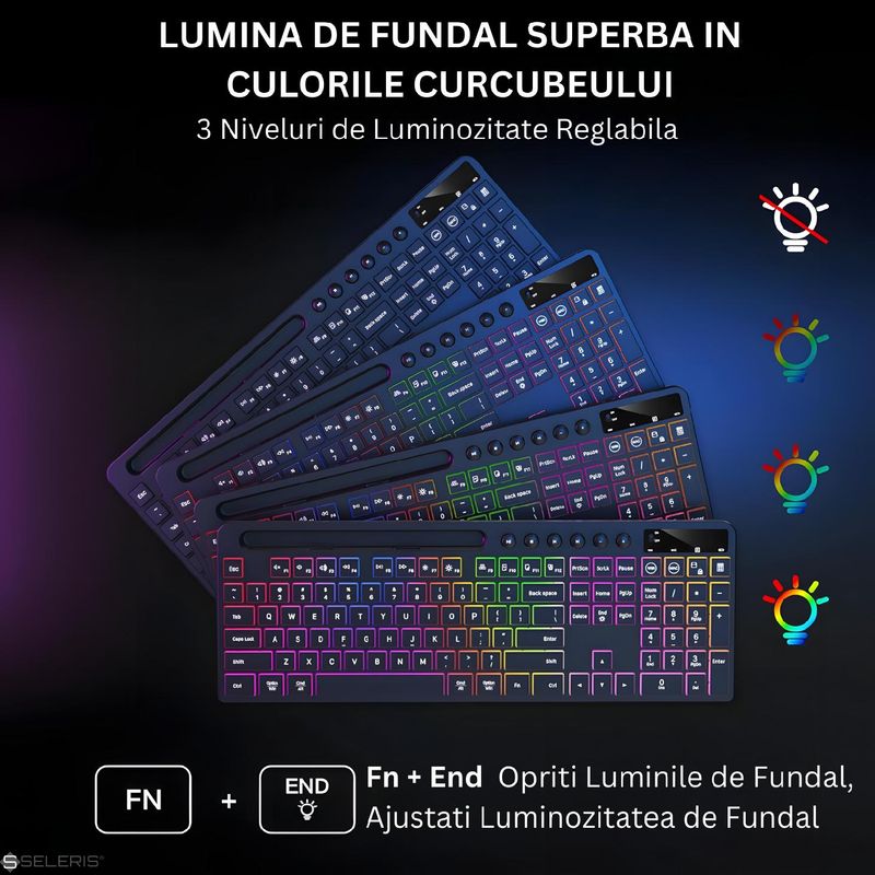 PC, gaming si accesorii - Periferice PC - Tastaturi - Set Tastatura-Mouse Wireless 2.4 GHz, SELERIS®, Win/MacOS, RGB, Suport Telefon/Tableta, USB C/1000mAh/500mAh, 114 taste - Infinity.ro
