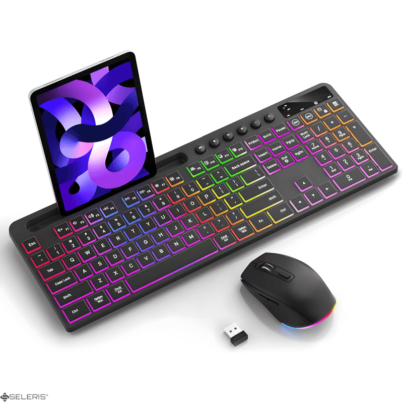 PC, gaming si accesorii - Periferice PC - Tastaturi - Set Tastatura-Mouse Wireless 2.4 GHz, SELERIS®, Win/MacOS, RGB, Suport Telefon/Tableta, USB C/1000mAh/500mAh, 114 taste - Infinity.ro
