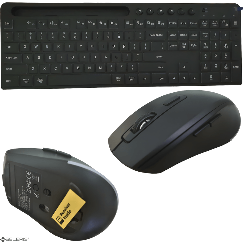 PC, gaming si accesorii - Periferice PC - Tastaturi - Set Tastatura-Mouse Wireless 2.4 GHz, SELERIS®, Win/MacOS, RGB, Suport Telefon/Tableta, USB C/1000mAh/500mAh, 114 taste - Infinity.ro