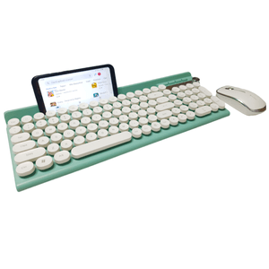 Set Tastatura si Mouse Wireless 2.4 GHz, Design Retro, SELERIS ®, Suport Telefon/Tableta, Wireless, 102 Taste, Alb/Cyan