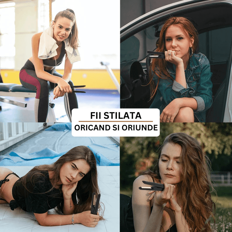 Ingrijire personala si Cosmetice - Aparate & accesorii ingrijire personala - Hair styling - Placi de indreptat parul - Mini placa de par portabila, SELERIS®, 160°C,180°C,200°C, 4800mAh, USB C, design compact si usor, Lat, Negru-Auriu - Infinity.ro