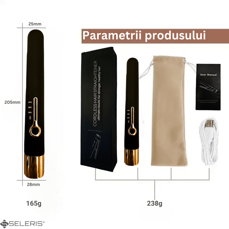 Ingrijire personala si Cosmetice - Aparate & accesorii ingrijire personala - Hair styling - Placi de indreptat parul - Mini placa de par portabila, SELERIS®, 160°C,180°C,200°C, 4800mAh, USB C, design compact si usor, Lat, Negru-Auriu - Infinity.ro