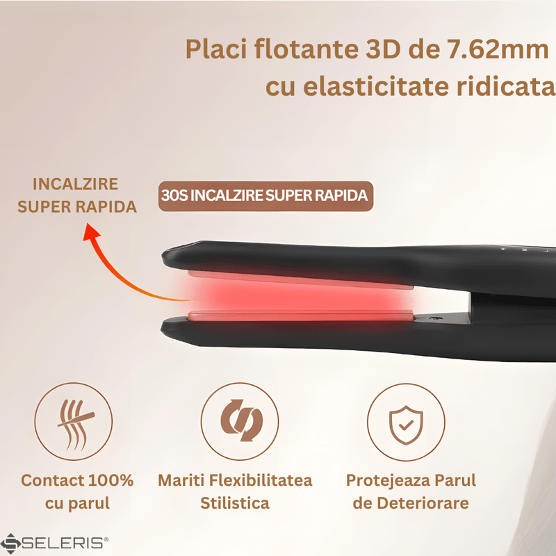 Ingrijire personala si Cosmetice - Aparate & accesorii ingrijire personala - Hair styling - Placi de indreptat parul - Mini placa de par portabila, SELERIS®, 160°C,180°C,200°C, 4800mAh, USB C, design compact si usor, Lat, Negru-Auriu - Infinity.ro