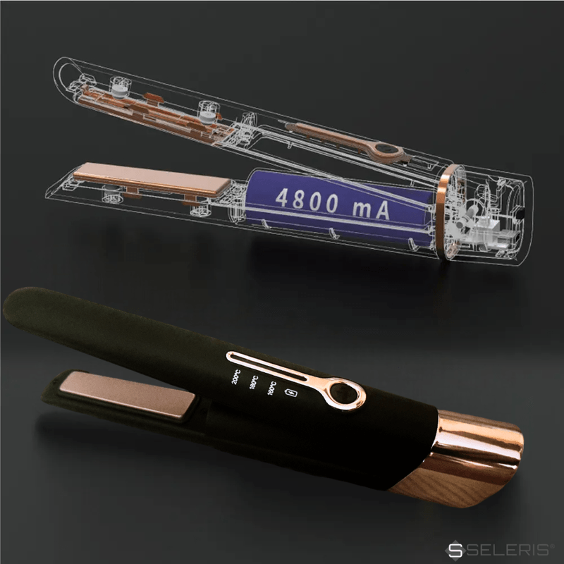 Ingrijire personala si Cosmetice - Aparate & accesorii ingrijire personala - Hair styling - Placi de indreptat parul - Mini placa de par portabila, SELERIS®, 160°C,180°C,200°C, 4800mAh, USB C, design compact si usor, Lat, Negru-Auriu - Infinity.ro
