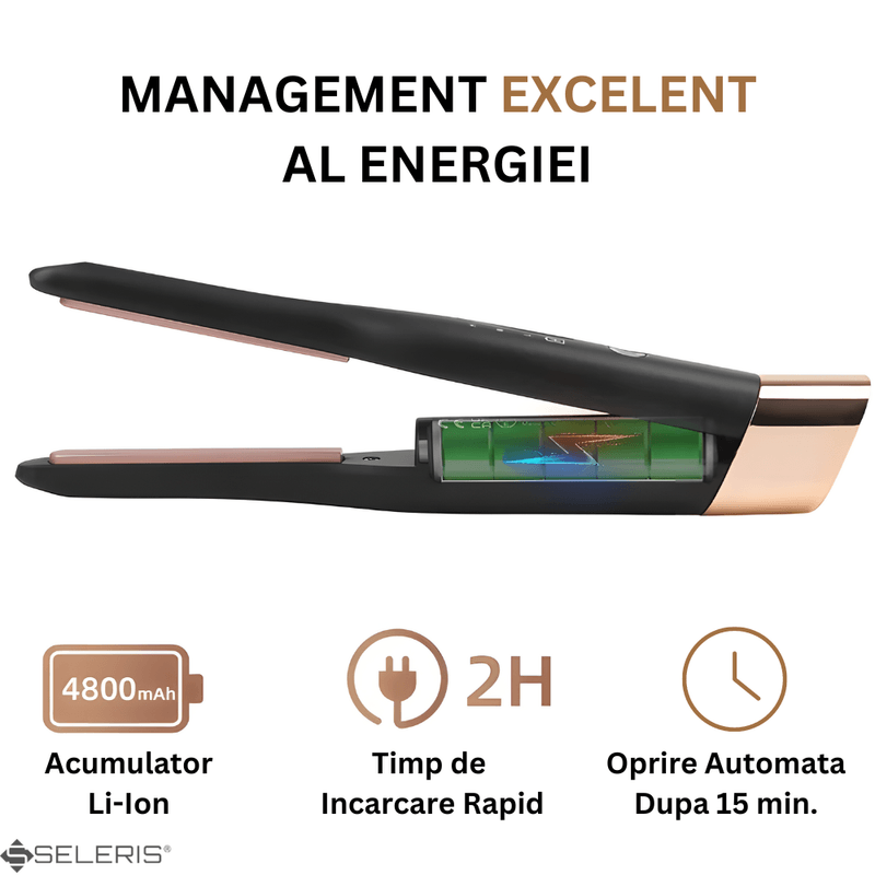 Ingrijire personala si Cosmetice - Aparate & accesorii ingrijire personala - Hair styling - Placi de indreptat parul - Mini placa de par portabila, SELERIS®, 160°C,180°C,200°C, 4800mAh, USB C, design compact si usor, Lat, Negru-Auriu - Infinity.ro