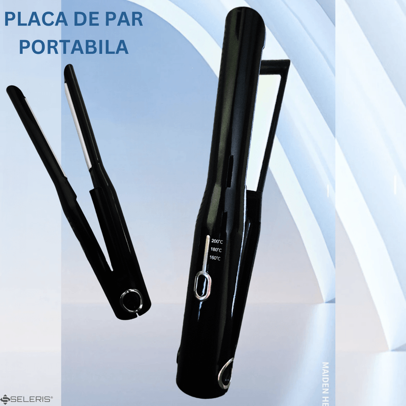 Ingrijire personala si Cosmetice - Aparate & accesorii ingrijire personala - Hair styling - Placi de indreptat parul - Placa de par portabila, SELERIS®, 160°C,180°C,200°C, 2600mAh, USB Micro/USB A, Sistem blocare, design compact-usor,Negru - Infinity.ro