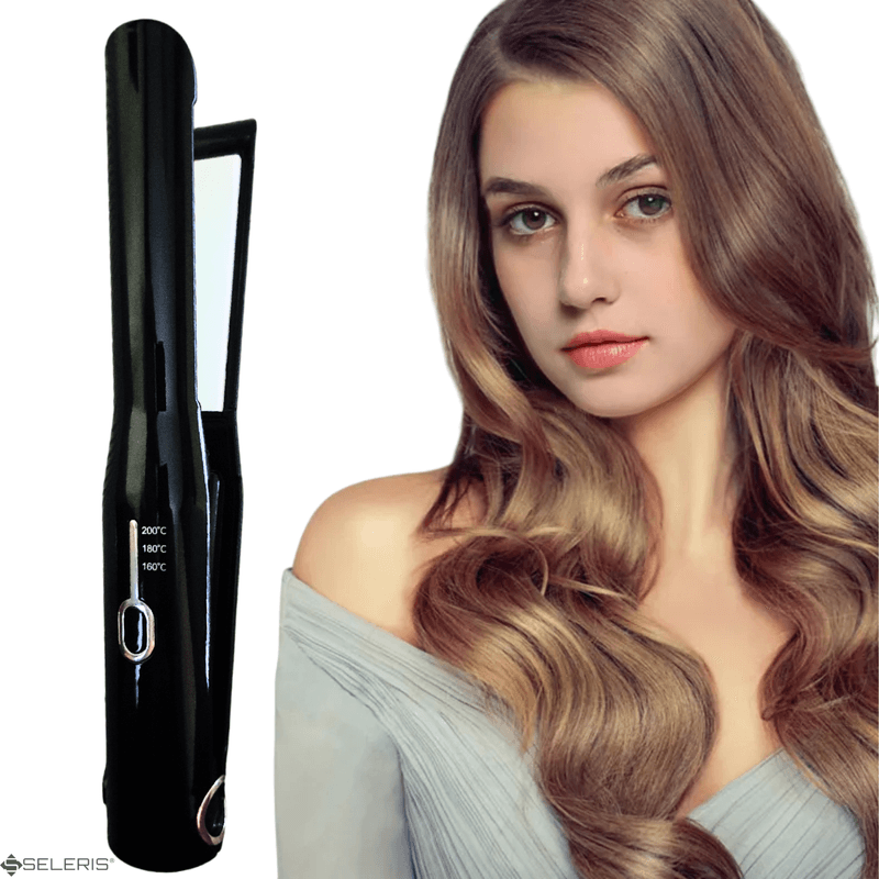 Ingrijire personala si Cosmetice - Aparate & accesorii ingrijire personala - Hair styling - Placi de indreptat parul - Placa de par portabila, SELERIS®, 160°C,180°C,200°C, 2600mAh, USB Micro/USB A, Sistem blocare, design compact-usor,Negru - Infinity.ro