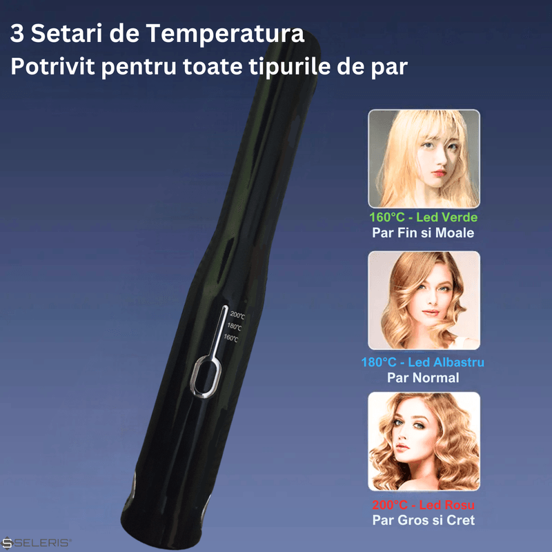 Ingrijire personala si Cosmetice - Aparate & accesorii ingrijire personala - Hair styling - Placi de indreptat parul - Placa de par portabila, SELERIS®, 160°C,180°C,200°C, 2600mAh, USB Micro/USB A, Sistem blocare, design compact-usor,Negru - Infinity.ro