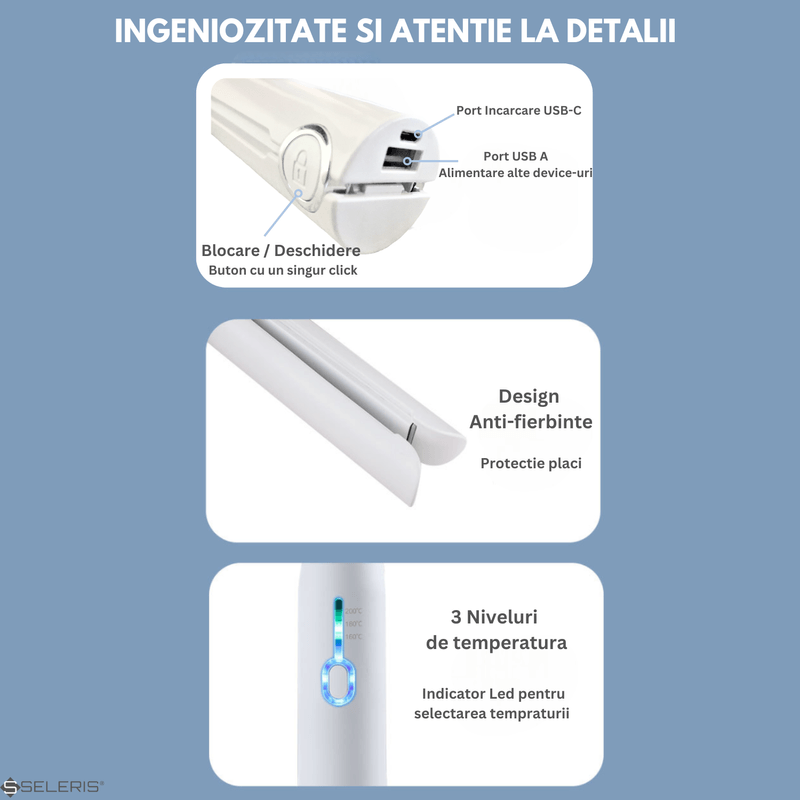 Ingrijire personala si Cosmetice - Aparate & accesorii ingrijire personala - Hair styling - Placi de indreptat parul - Placa de par portabila, SELERIS®, 160°C,180°C,200°C, 2600mAh, USB Micro/USB A, Sistem blocare, design compact-usor, Alb - Infinity.ro