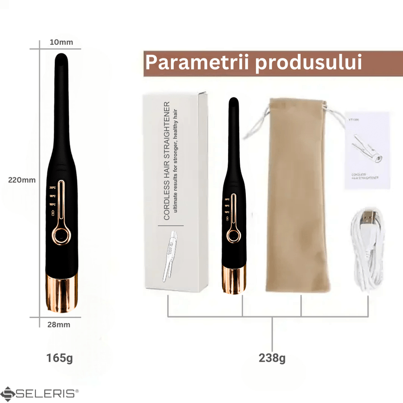 Ingrijire personala si Cosmetice - Aparate & accesorii ingrijire personala - Hair styling - Placi de indreptat parul - Mini placa de par portabila, SELERIS®, 160°C,180°C,200°C, 4800mAh, USB C, design compact si usor, Ingusta, Negru-Auriu - Infinity.ro