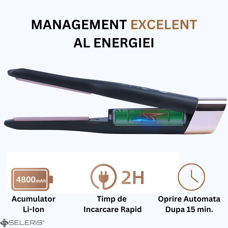 Ingrijire personala si Cosmetice - Aparate & accesorii ingrijire personala - Hair styling - Placi de indreptat parul - Mini placa de par portabila, SELERIS®, 160°C,180°C,200°C, 4800mAh, USB C, design compact si usor, Ingusta, Negru-Auriu - Infinity.ro
